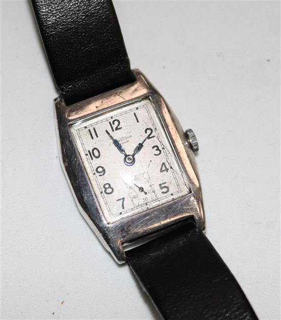 A gentlemans 1930s silver J. W. Benson manual wind wrist watch.